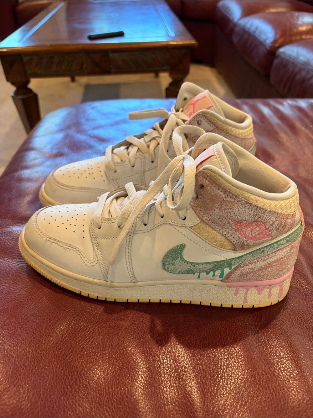 Nike Kids' High-Top Sneakers - White with Pink and Green Accents